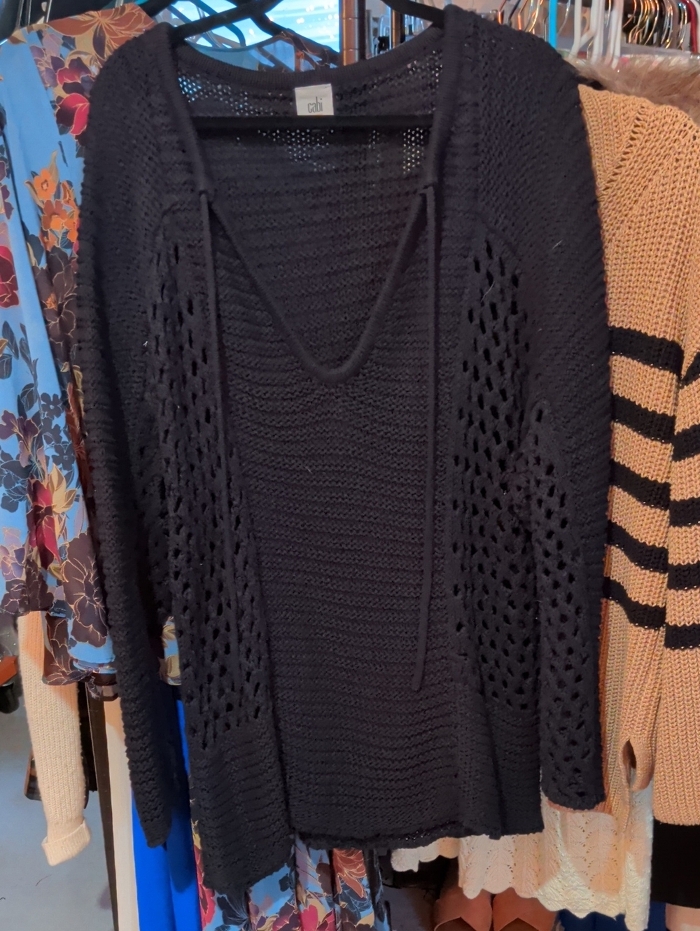 CAbi Black Open-Knit V-Neck Sweater with Tie